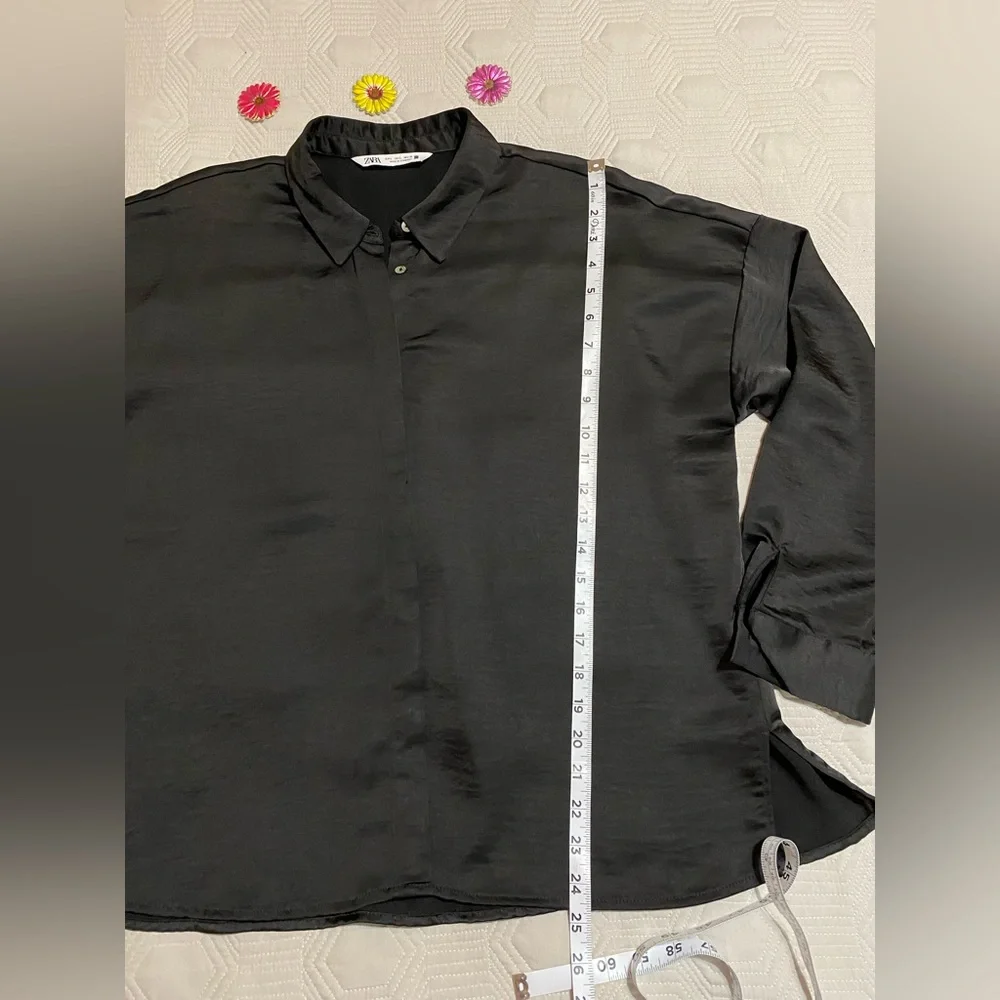 Zara Satin Black Button Down Shirt Womens Size L - Picture 8 of 10